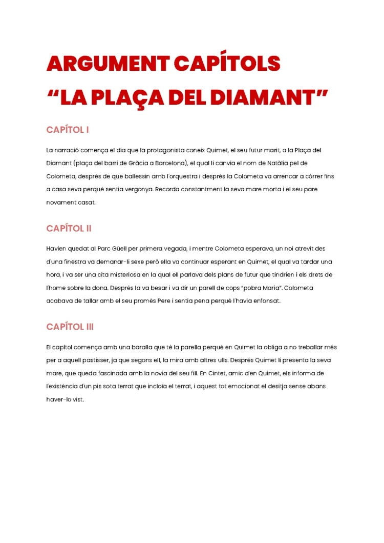 Resum per Capítols La Plaça del Diamant PDF - Per a Selectivitat & Personatges