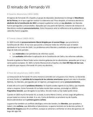 La Historia del Reinado de Fernando VII y el Conflicto entre Liberales y Absolutistas en el Siglo XIX