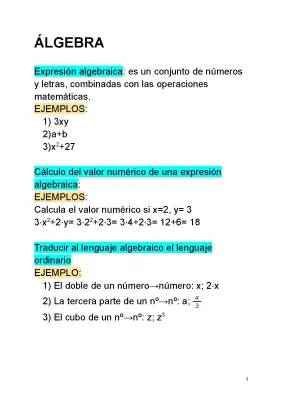 Ejemplos y ejercicios de expresiones algebraicas y valor numérico