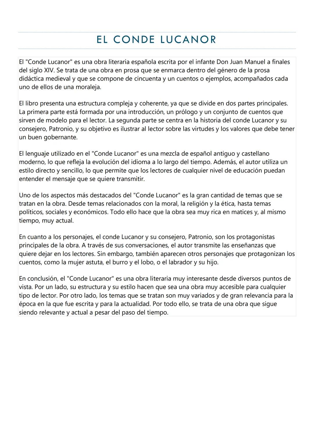 EL CONDE LUCANOR
El "Conde Lucanor" es una obra literaria española escrita por el infante Don Juan Manuel a finales
del siglo XIV. Se trata 