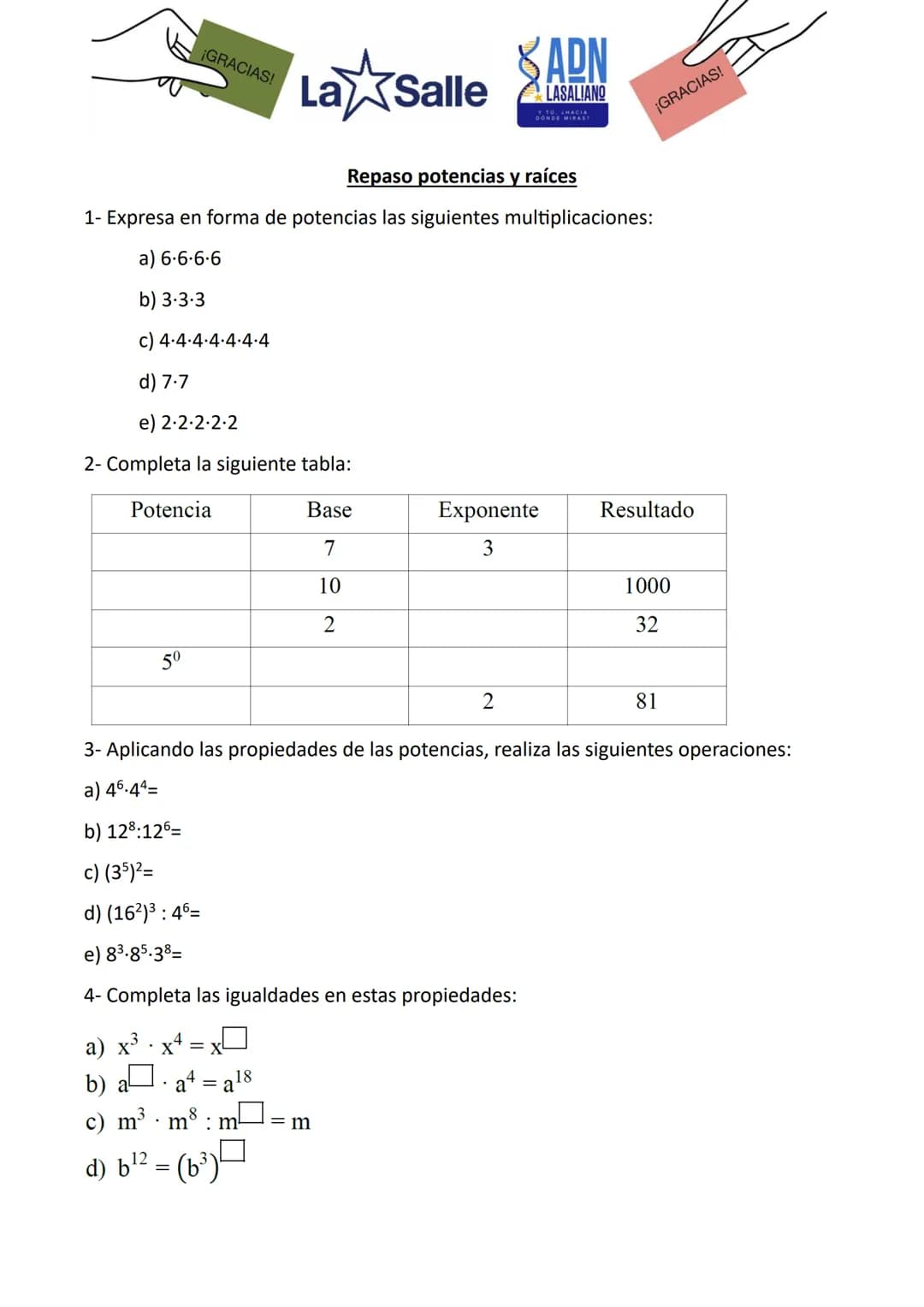 ¡GRACIAS!
Potencia
50
Repaso potencias y raíces
1- Expresa en forma de potencias las siguientes multiplicaciones:
a) 6-6-6-6
b) 3.3.3
c) 4.4
