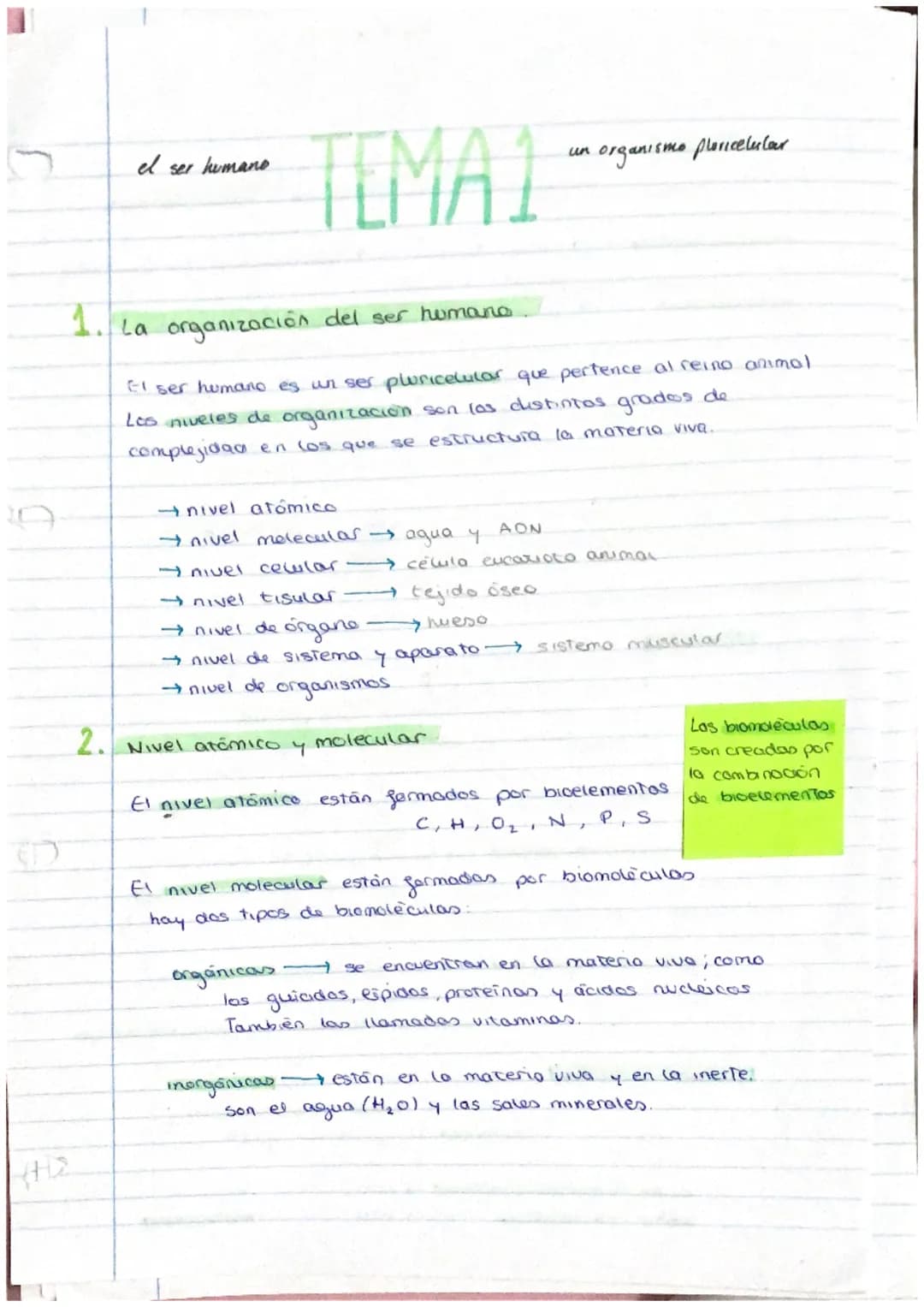 el ser humano
TEMA 1
nivel atómico
→ nivel molecular agua y
- nivel celular -
1. La organización del ser humano
El ser humano es un ser plur