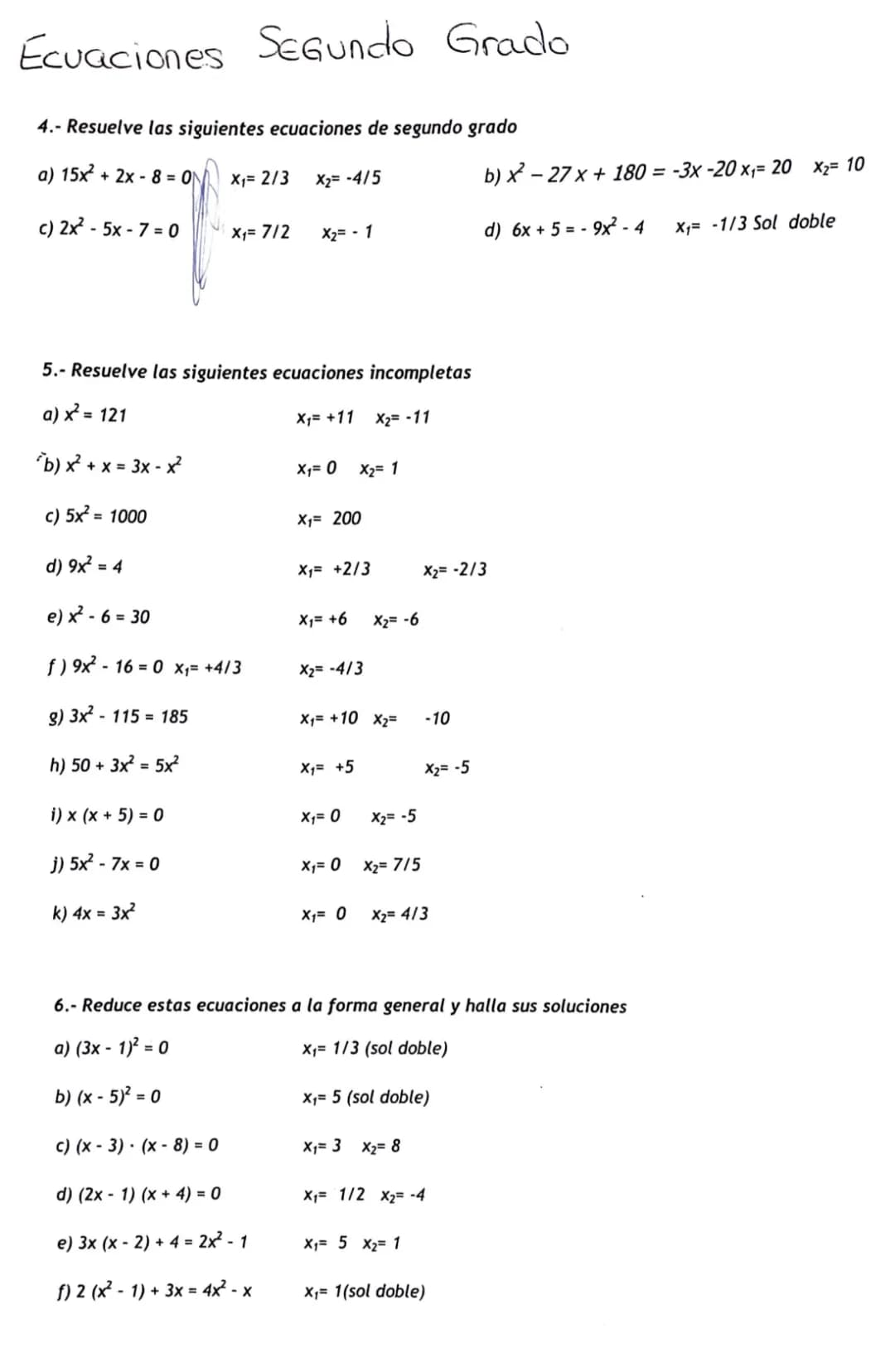 Ficha Ecuaciones de Segundo Grado Con Soluciones - Matemáticas 