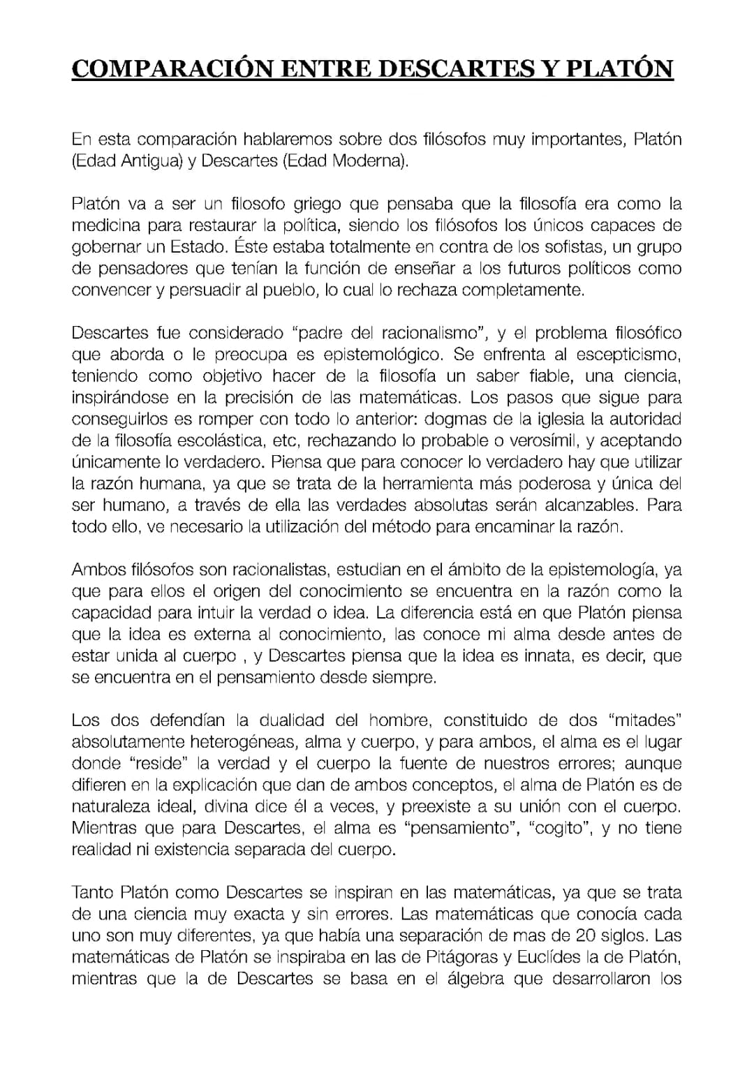 Comparación entre Platón y Descartes: Filosofía y Dualismo Antropológico