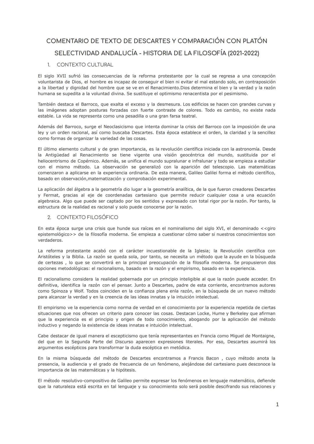 COMENTARIO DE TEXTO DE DESCARTES Y COMPARACIÓN CON PLATÓN
SELECTIVIDAD ANDALUCÍA- HISTORIA DE LA FILOSOFÍA (2021-2022)
CONTEXTO CULTURAL
1.
