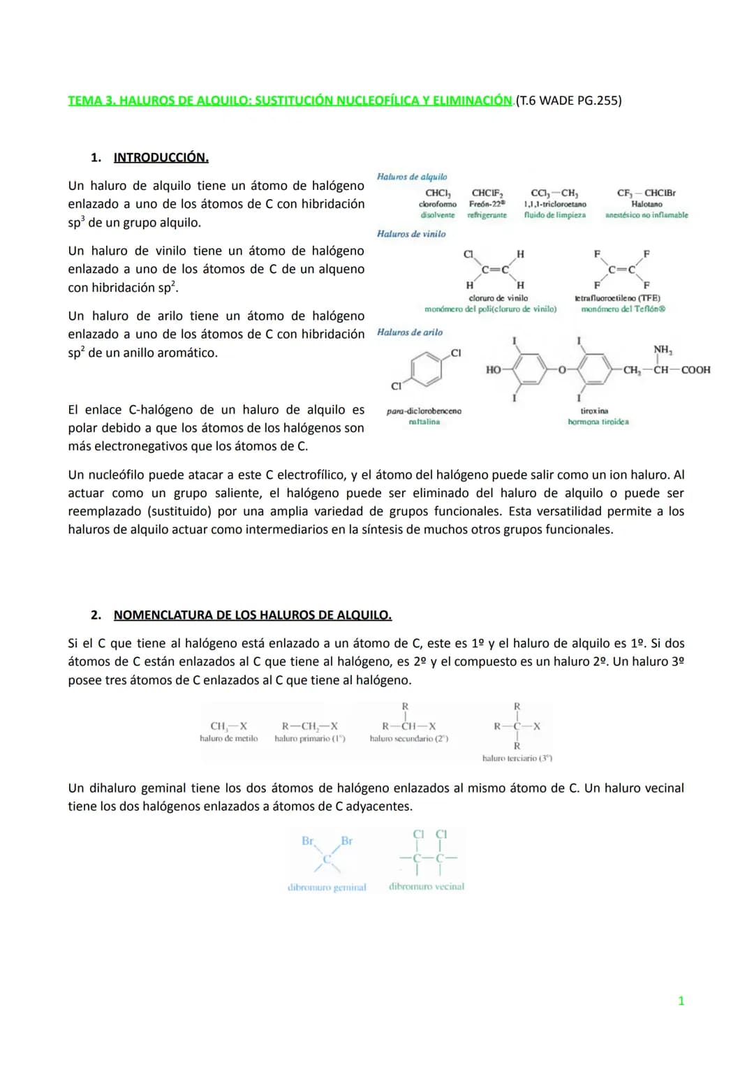TEMA 3. HALUROS DE ALQUILO: SUSTITUCIÓN NUCLEOFÍLICA Y ELIMINACIÓN. (T.6 WADE PG.255)
1. INTRODUCCIÓN.
Un haluro de alquilo tiene un átomo d