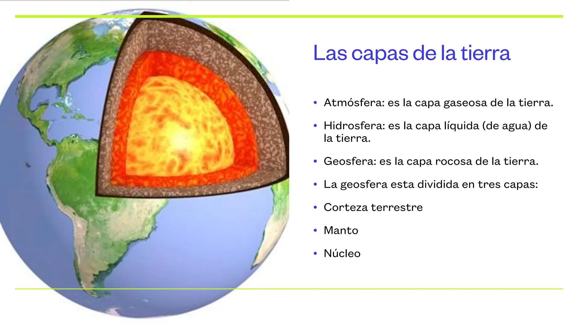 La Tierra Las capas de la tierra
●
●
●
●
●
●
●
Atmósfera: es la capa gaseosa de la tierra.
Hidrosfera: es la capa líquida (de agua) de
la ti