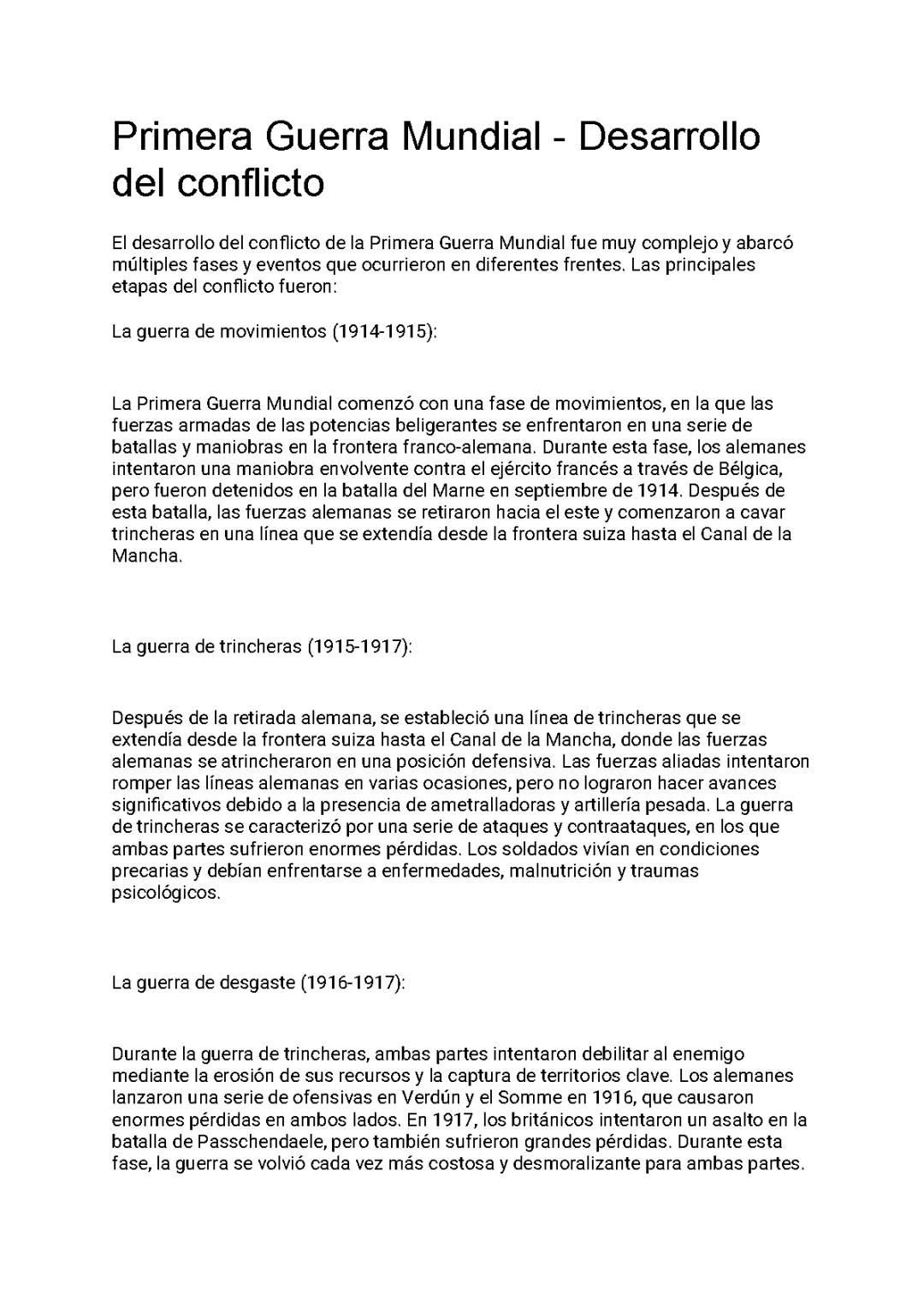 Primera Guerra Mundial - Desarrollo del conflicto