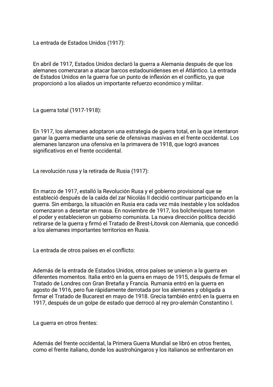 Primera Guerra Mundial - Desarrollo
del conflicto
El desarrollo del conflicto de la Primera Guerra Mundial fue muy complejo y abarcó
múltipl