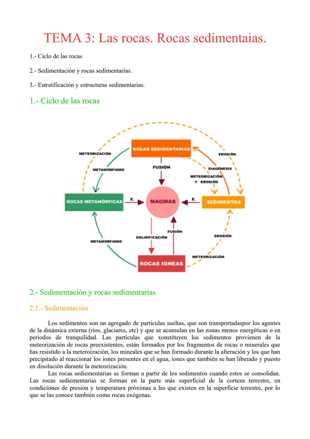 TEMA 3: Las rocas. Rocas sedimentaias.
1.- Ciclo de las rocas
2.- Sedimentación y rocas sedimentarias.
3.- Estrstificación y estructuras sed