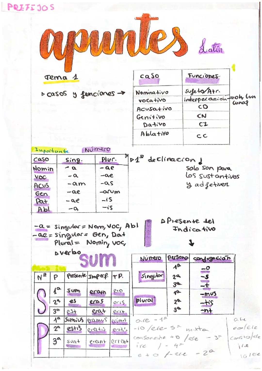 PREFIJOS
apuntes
Tema 1
> casos y fenciones →
Inportante
caso
Nomin
VOC
ACUS
Gen
Pat
Abl
Sing.
S
-a
-am
-ae
-ae
1 Sum
W
Número
29 es
PE
sum

