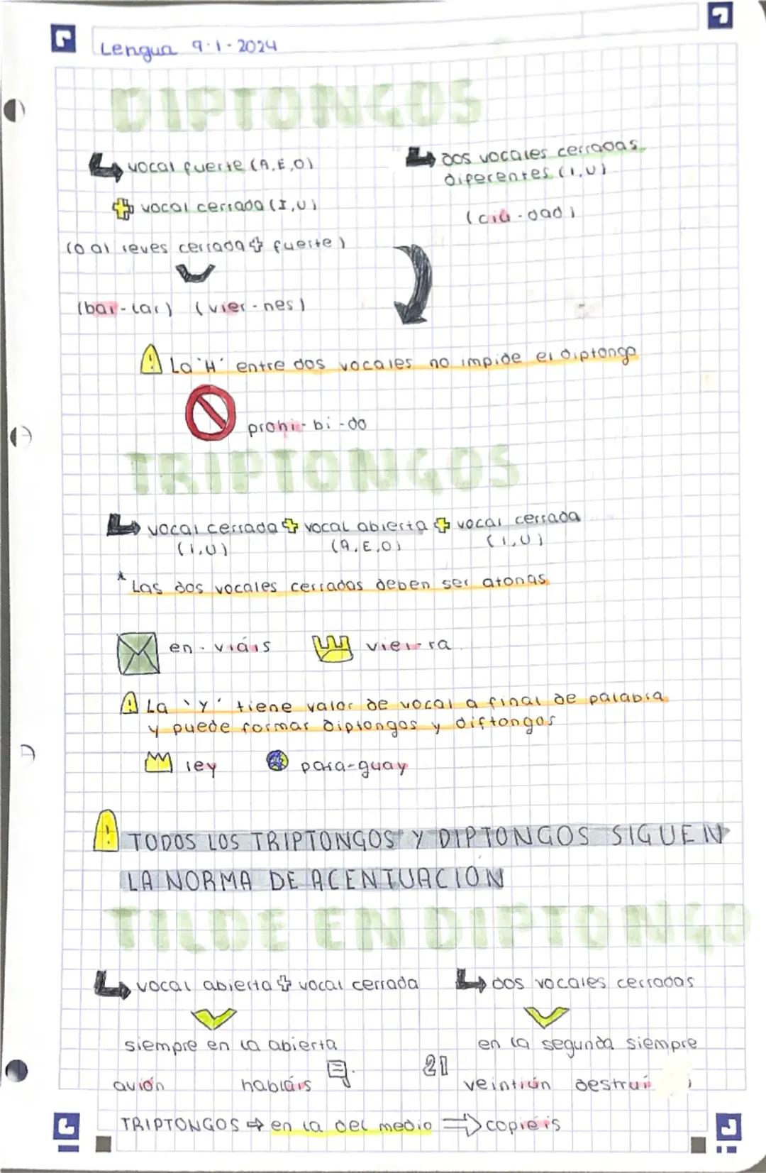 # Lengua 9-1-2024

# DIPTONGOS

- vocal fuerte (a, e, o)
- vocal cerrada (i, u)

(o al revés cerrada + fuerte)
(bar-cai) (vier-nes)

⚠ La 'h