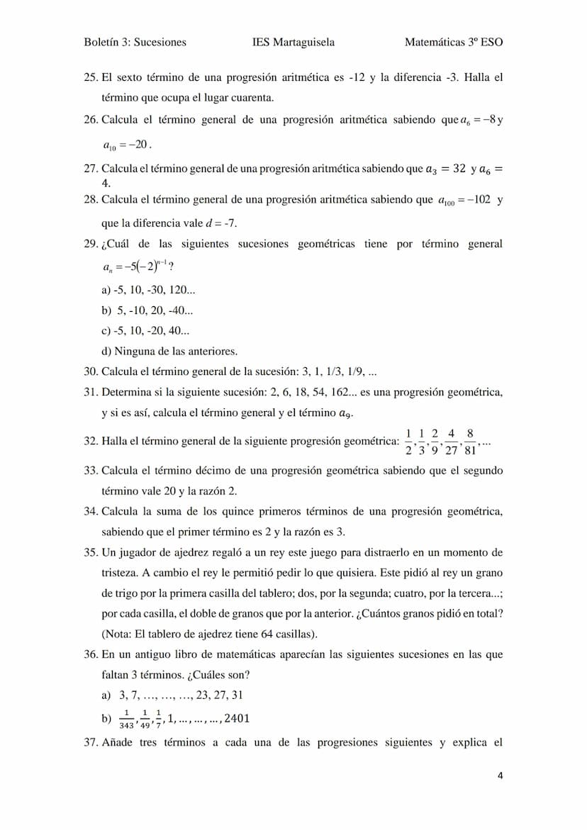 Boletín 3: Sucesiones
BOLETÍN UNIDAD 3:
1. ¿Qué relación existe entre los términos de la sucesión 30, 70, 110, 150, ...?
2. Averigua el crit