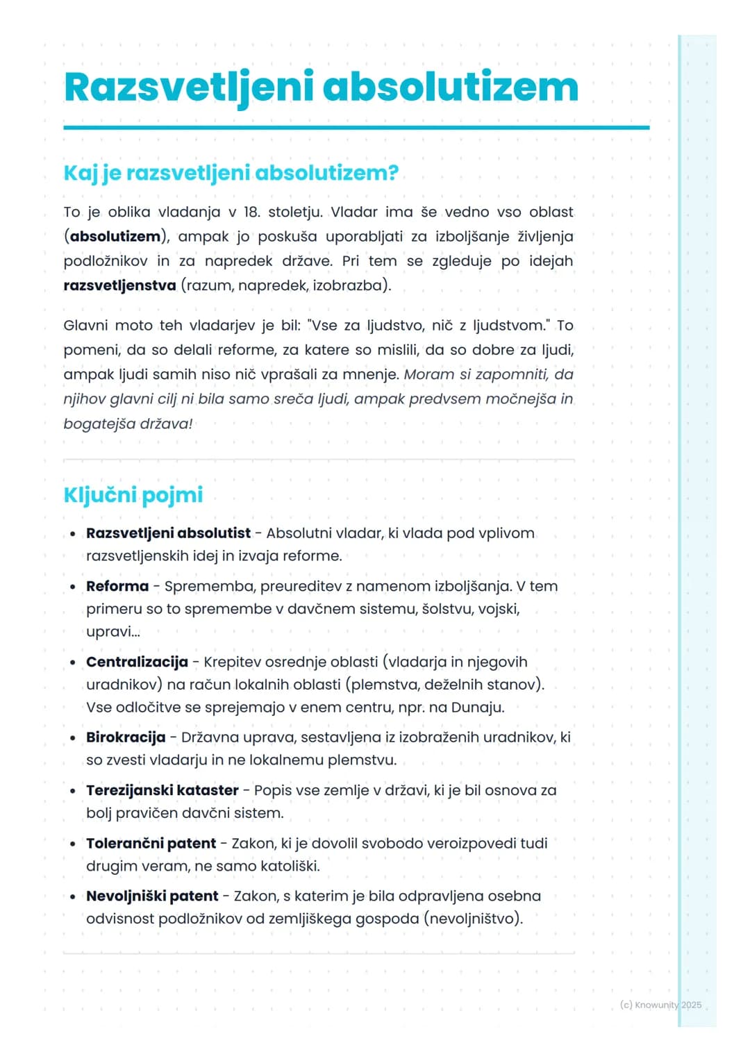 # Razsvetljeni absolutizem

## Kaj je razsvetljeni absolutizem?

To je oblika vladanja v 18. stoletju. Vladar ima še vedno vso oblast
(absol