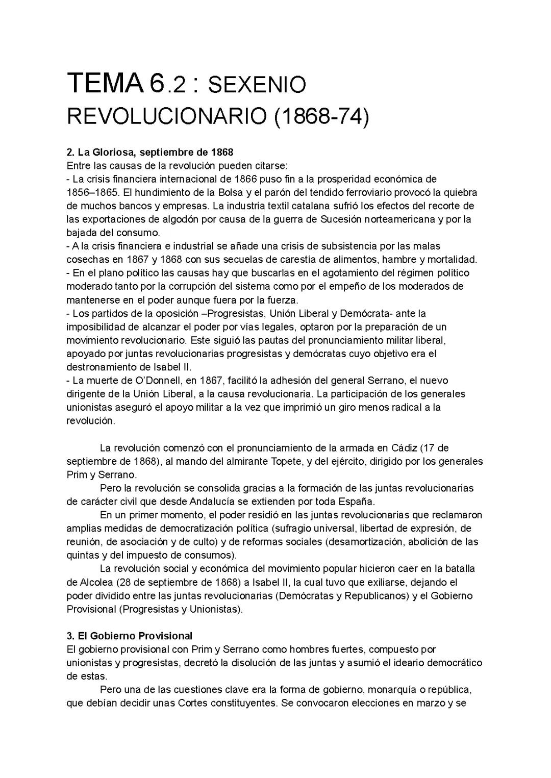 TEMA 6.2 : SEXENIO REVOLUCIONARIO (1868-74)