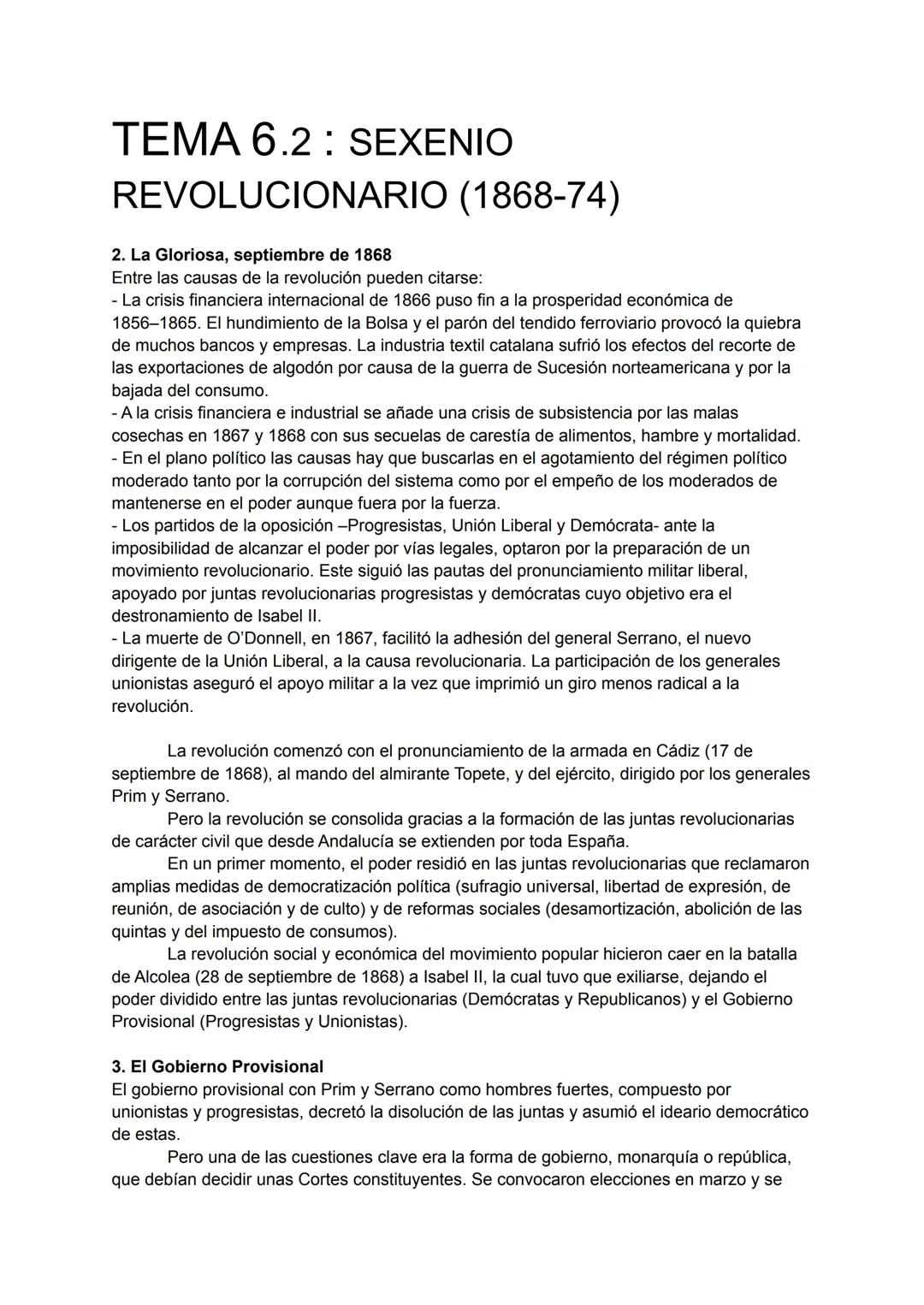 TEMA 6.2: SEXENIO
REVOLUCIONARIO (1868-74)
2. La Gloriosa, septiembre de 1868
Entre las causas de la revolución pueden citarse:
- La crisis 
