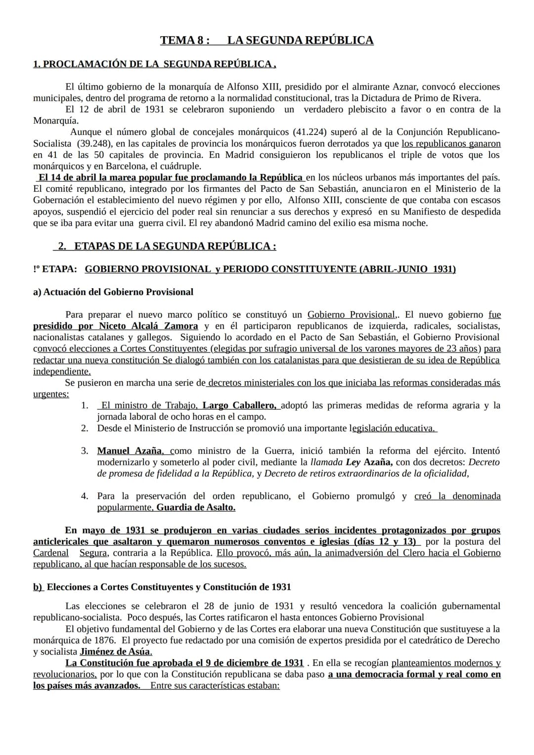 TEMA 8:
urgentes:
LA SEGUNDA REPÚBLICA
1. PROCLAMACIÓN DE LA SEGUNDA REPÚBLICA,
El último gobierno de la monarquía de Alfonso XIII, presidid