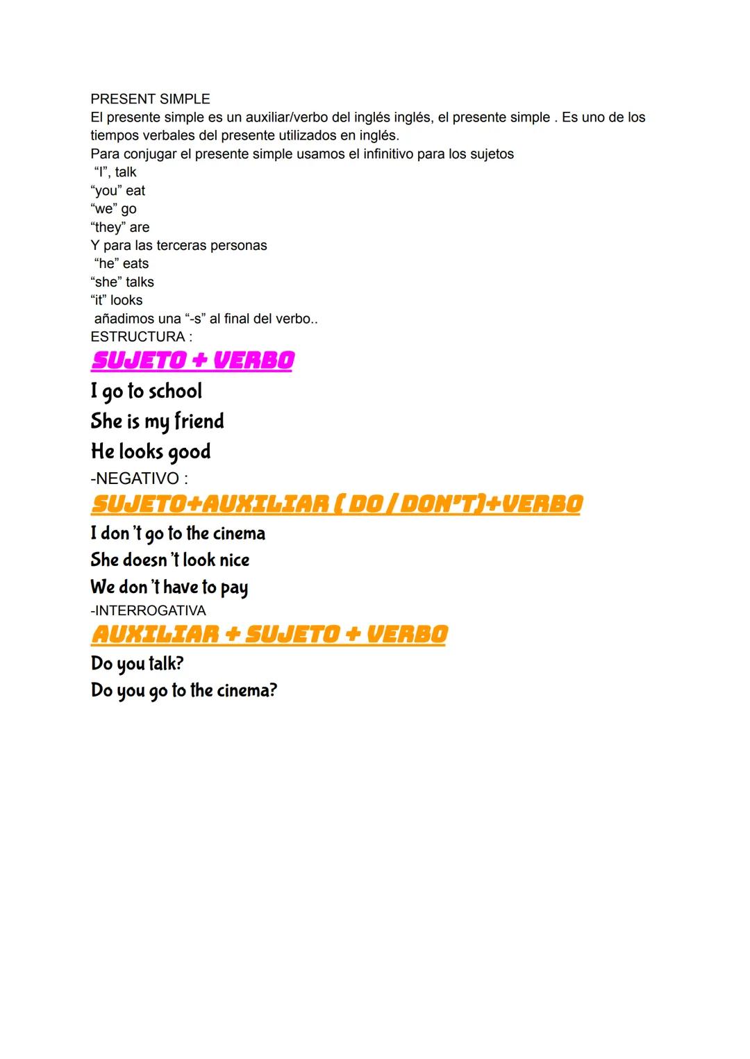 PRESENT SIMPLE
El presente simple es un auxiliar/verbo del inglés inglés, el presente simple. Es uno de los
tiempos verbales del presente ut