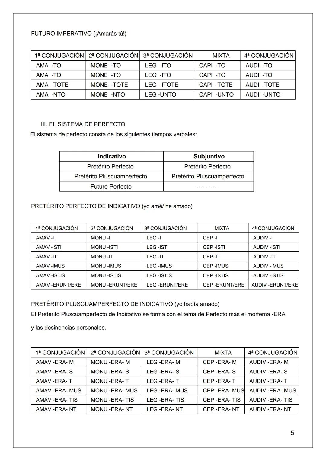 TEMA IV. EL VERBO
El latín es una lengua que posee una importante flexión verbal, como todas las románicas. Así, las
formas verbales estarán