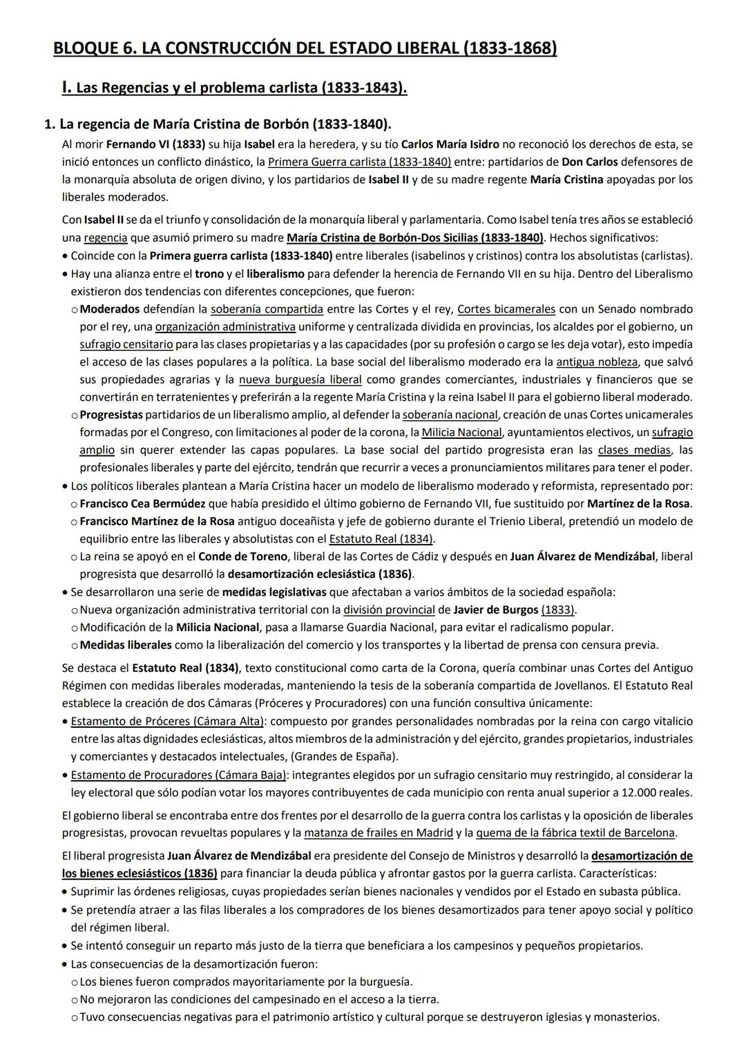 BLOQUE 6. LA CONSTRUCCIÓN DEL ESTADO LIBERAL (1833-1868)
I. Las Regencias y el problema carlista (1833-1843).
1. La regencia de María Cristi