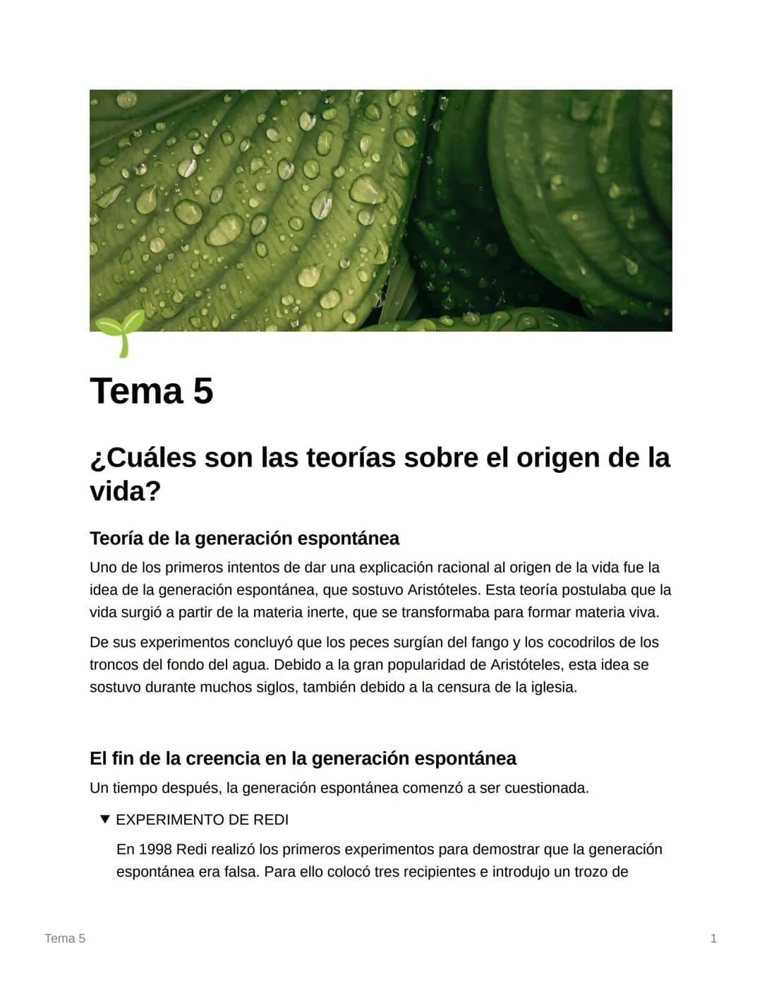 Tema 5
Tema 5
¿Cuáles son las teorías sobre el origen de la
vida?
Teoría de la generación espontánea
Uno de los primeros intentos de dar una