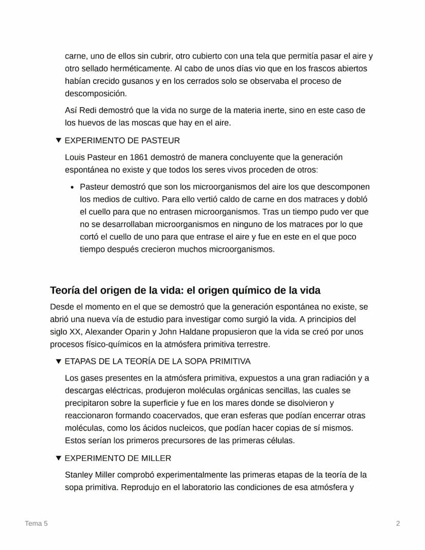 Tema 5
Tema 5
¿Cuáles son las teorías sobre el origen de la
vida?
Teoría de la generación espontánea
Uno de los primeros intentos de dar una