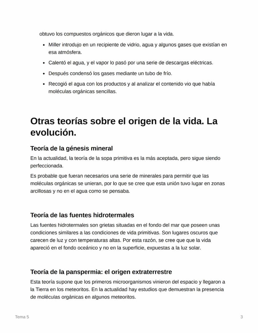 Tema 5
Tema 5
¿Cuáles son las teorías sobre el origen de la
vida?
Teoría de la generación espontánea
Uno de los primeros intentos de dar una