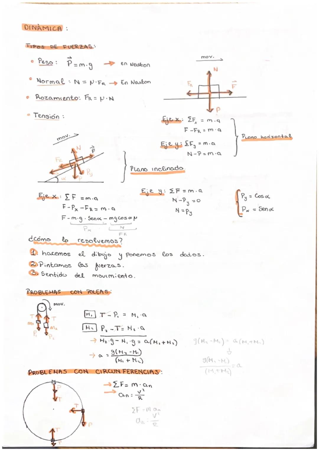 DINAMICA:

TIPOS DE FUERZAS:

*   Peso: $P=m.g$ en Neuton

*   Normal: $N=N.FR$ En Neuton

*   Rozamiento: $FR = P.N$

*   Tensión:

mov.

N
