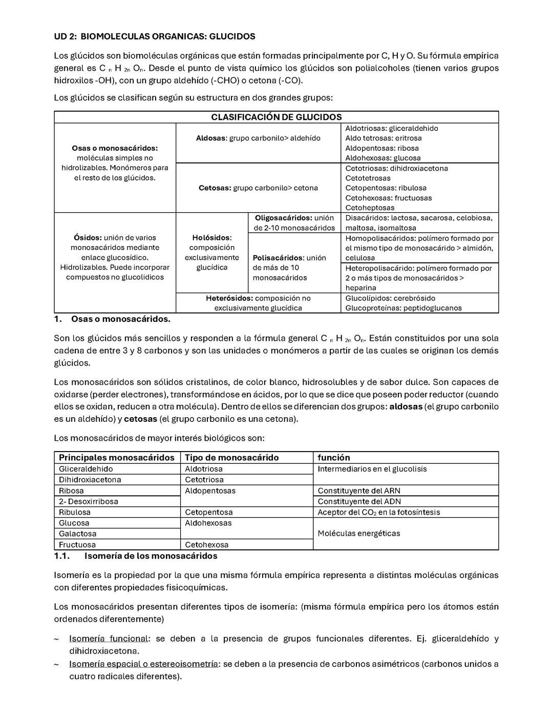 UD 2: Biomoléculas Orgánicas: Clasificación de los Glúcidos