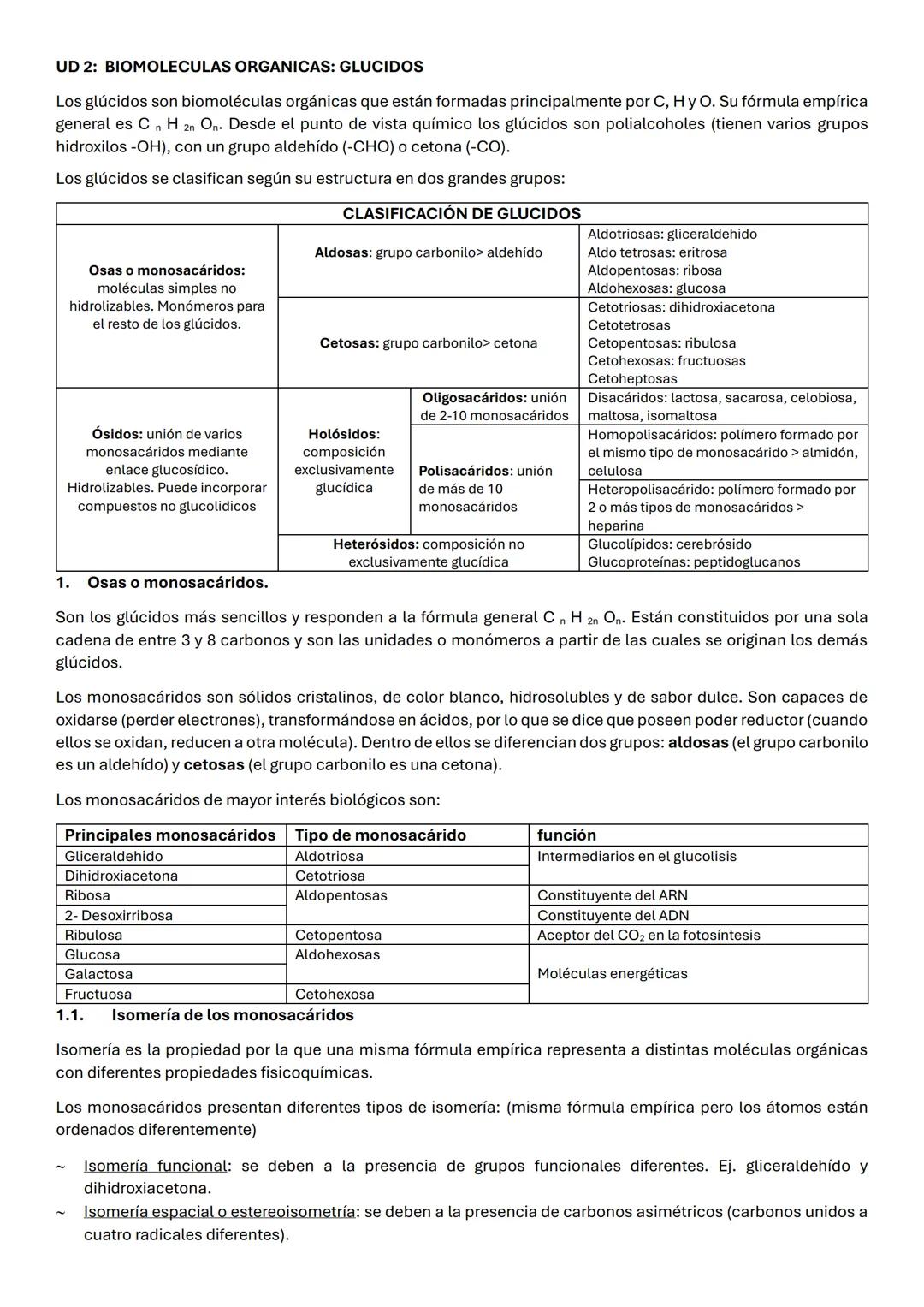 UD 2: BIOMOLECULAS ORGANICAS: GLUCIDOS
Los glúcidos son biomoléculas orgánicas que están formadas principalmente por C, Hy O. Su fórmula emp