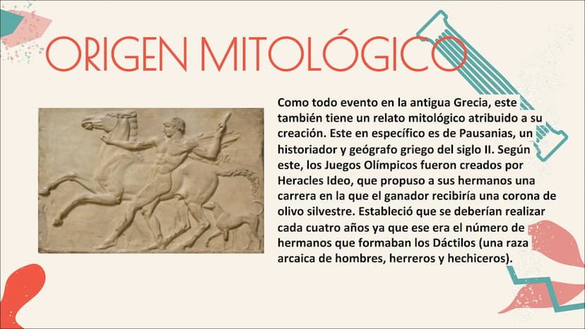 
<h2 id="origen">Origen</h2>
<p>El origen de los Juegos Olímpicos en Grecia se remonta al año 776 a.C. Los juegos se celebraban originalment