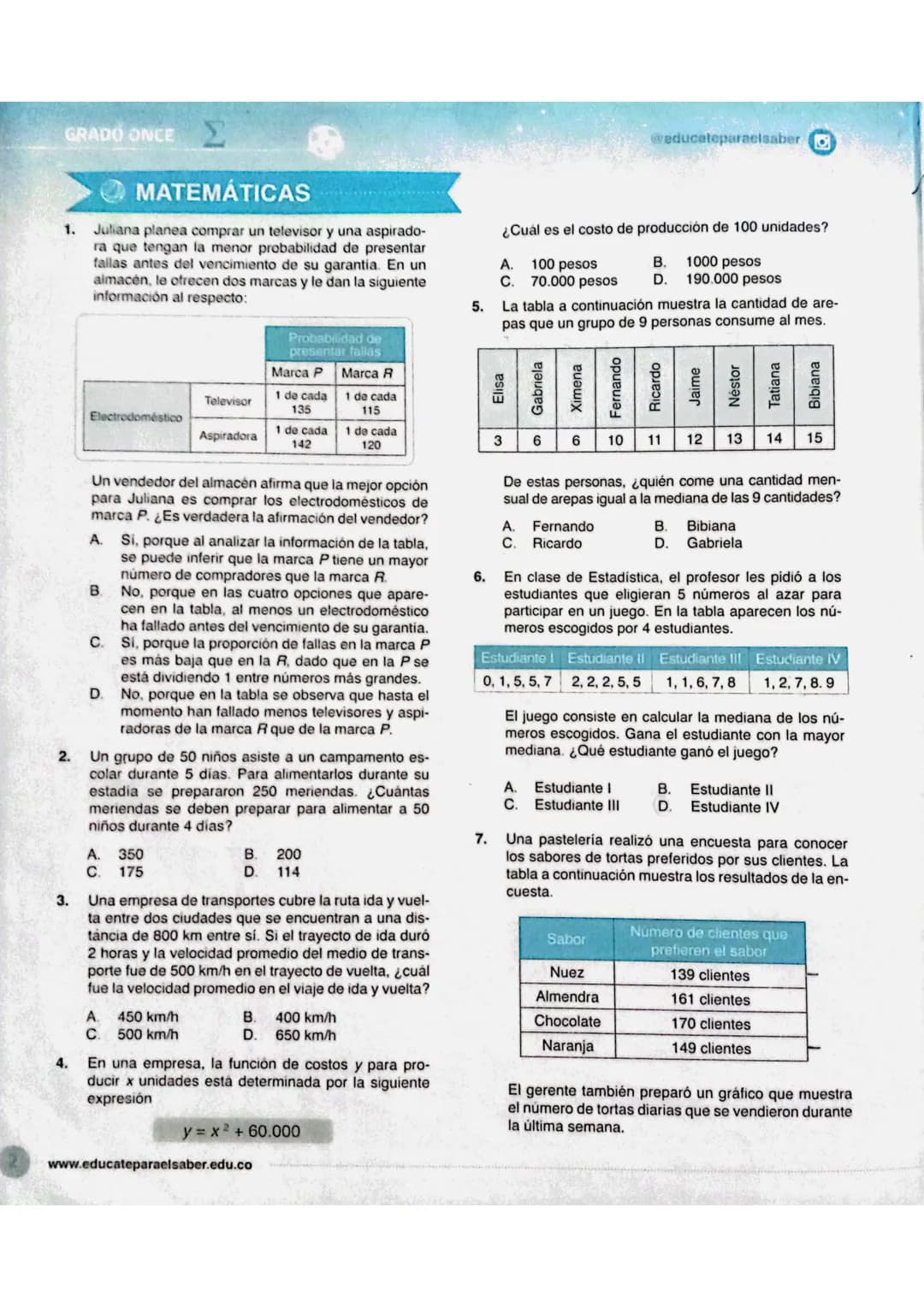 GRADO ONCEΣ
1.
MATEMÁTICAS
Juliana planea comprar un televisor y una aspirado-
ra que tengan la menor probabilidad de presentar
fallas antes