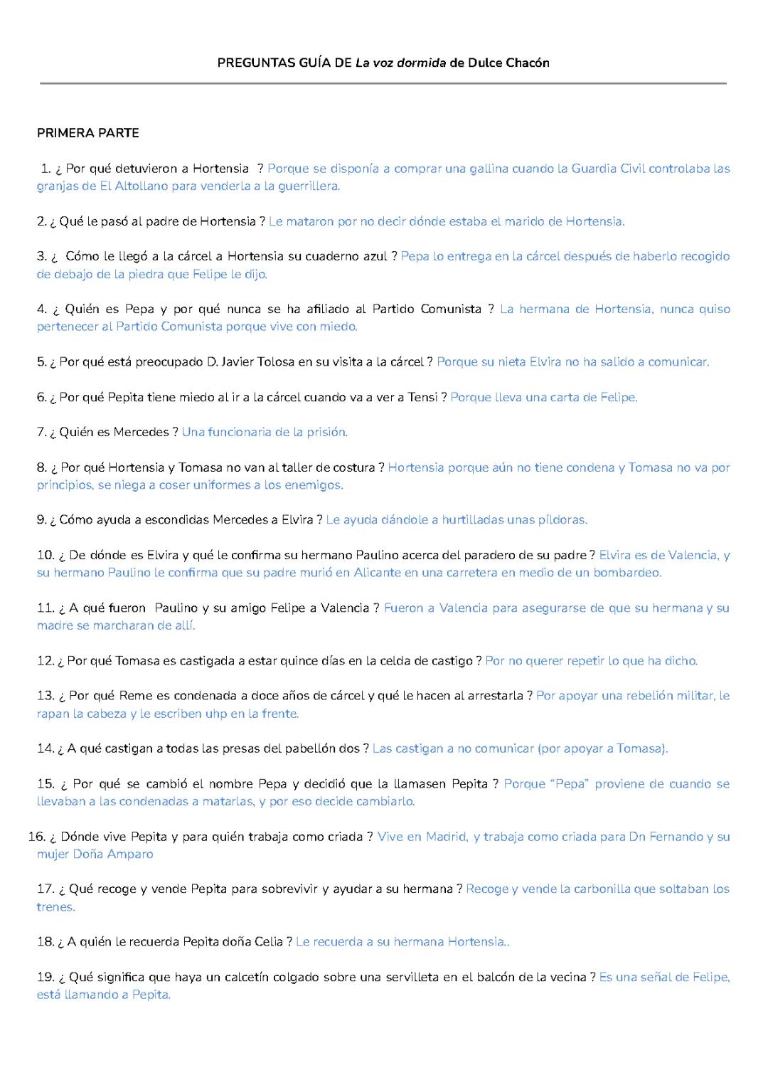 PREGUNTAS GUÍA DE La voz dormida de Dulce Chacón