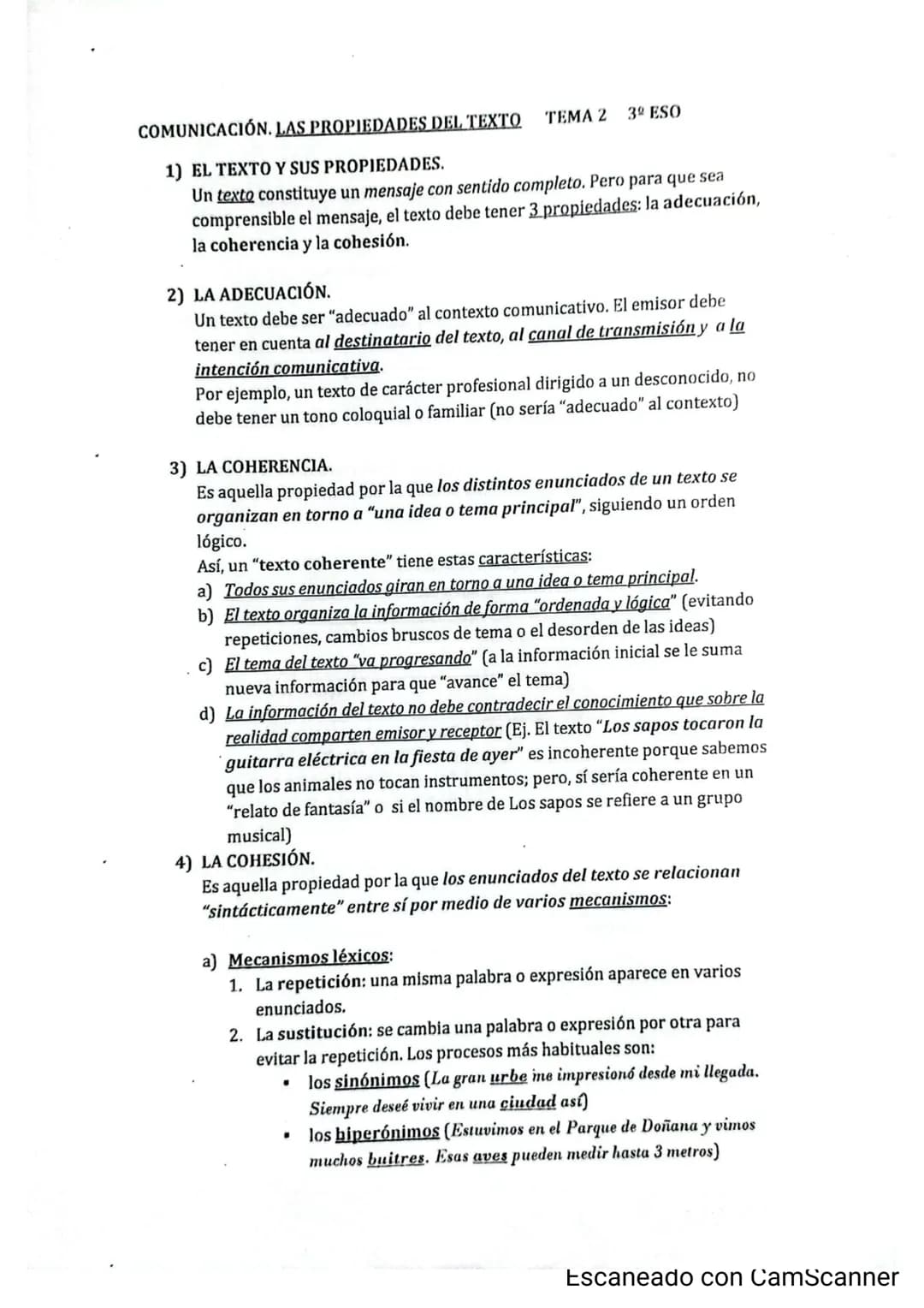 TEMA 2
COMUNICACIÓN. LAS PROPIEDADES DEL TEXTO
1) EL TEXTO Y SUS PROPIEDADES.
Un texto constituye un mensaje con sentido completo. Pero para