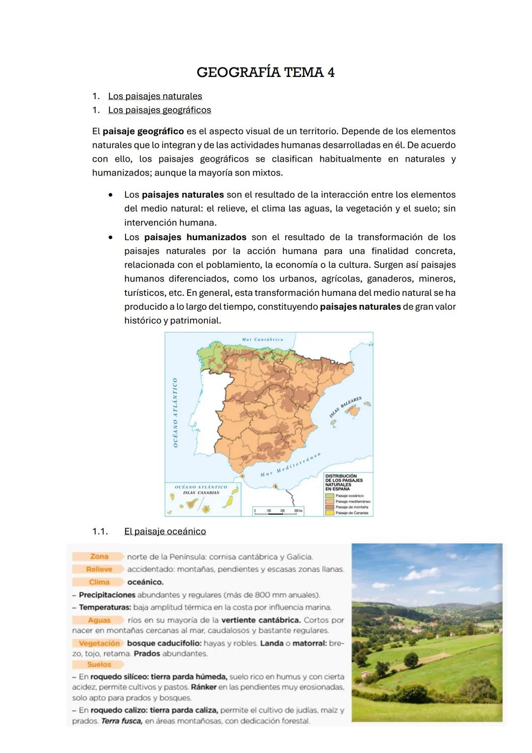 GEOGRAFÍA TEMA 4
1. Los paisajes naturales
1. Los paisajes geográficos
El paisaje geográfico es el aspecto visual de un territorio. Depende 