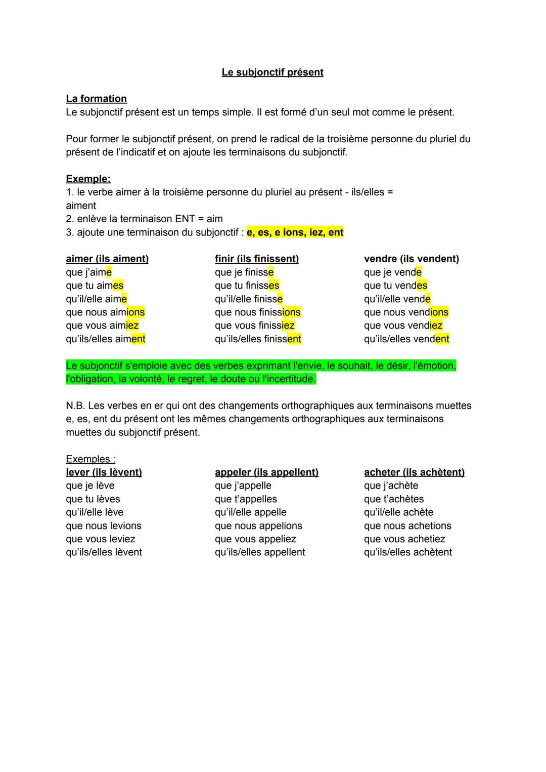 La formation
Le subjonctif présent est un temps simple. Il est formé d'un seul mot comme le présent.
Pour former le subjonctif présent, on p