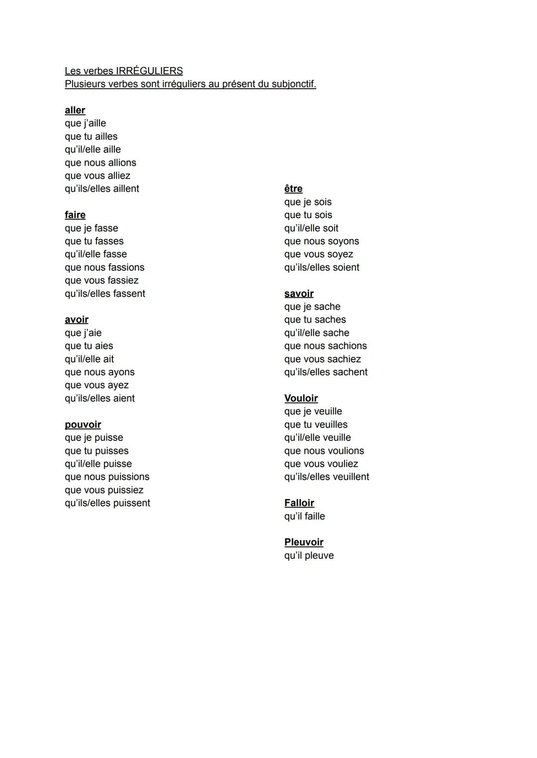 La formation
Le subjonctif présent est un temps simple. Il est formé d'un seul mot comme le présent.
Pour former le subjonctif présent, on p