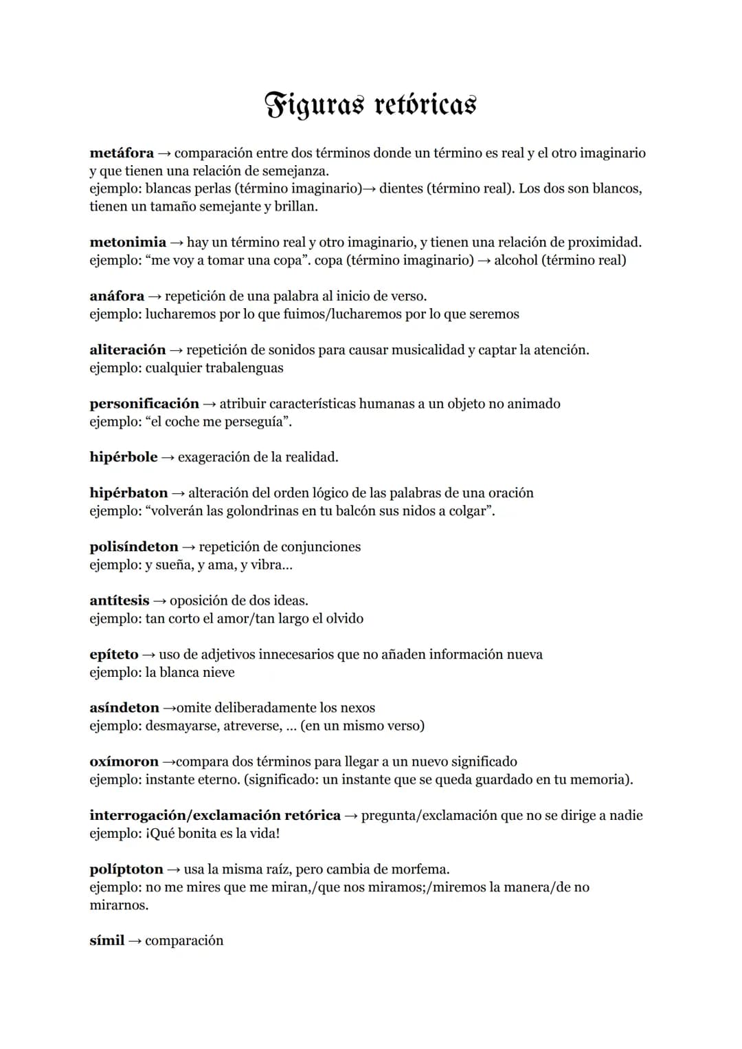 Figuras retóricas
metáfora → comparación entre dos términos donde un término es real y el otro imaginario
y que tienen una relación de semej
