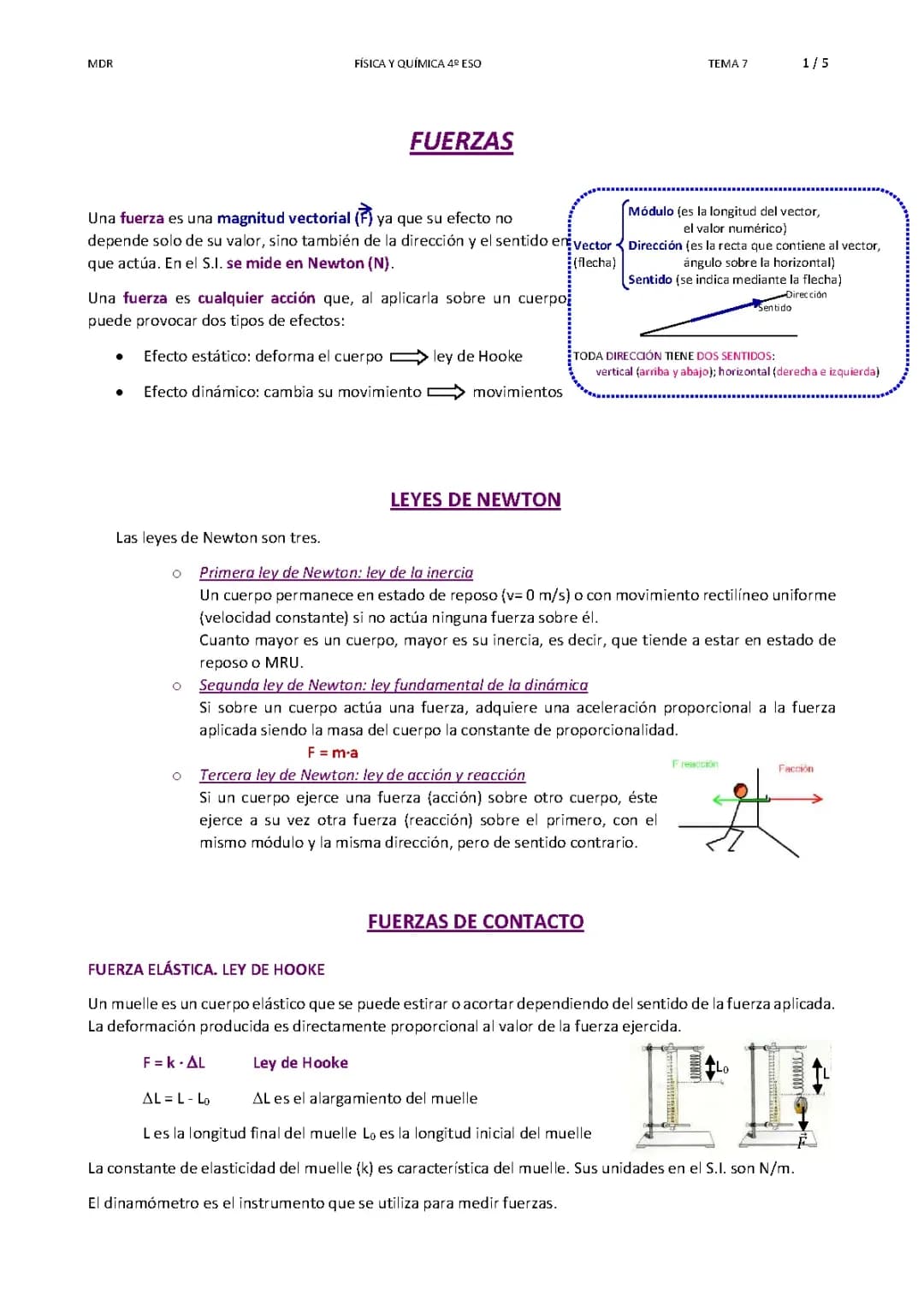 Apuntes y Ejercicios Resueltos de Fuerzas para 4º ESO: Ley de Hooke, Fuerzas Resultantes y Más