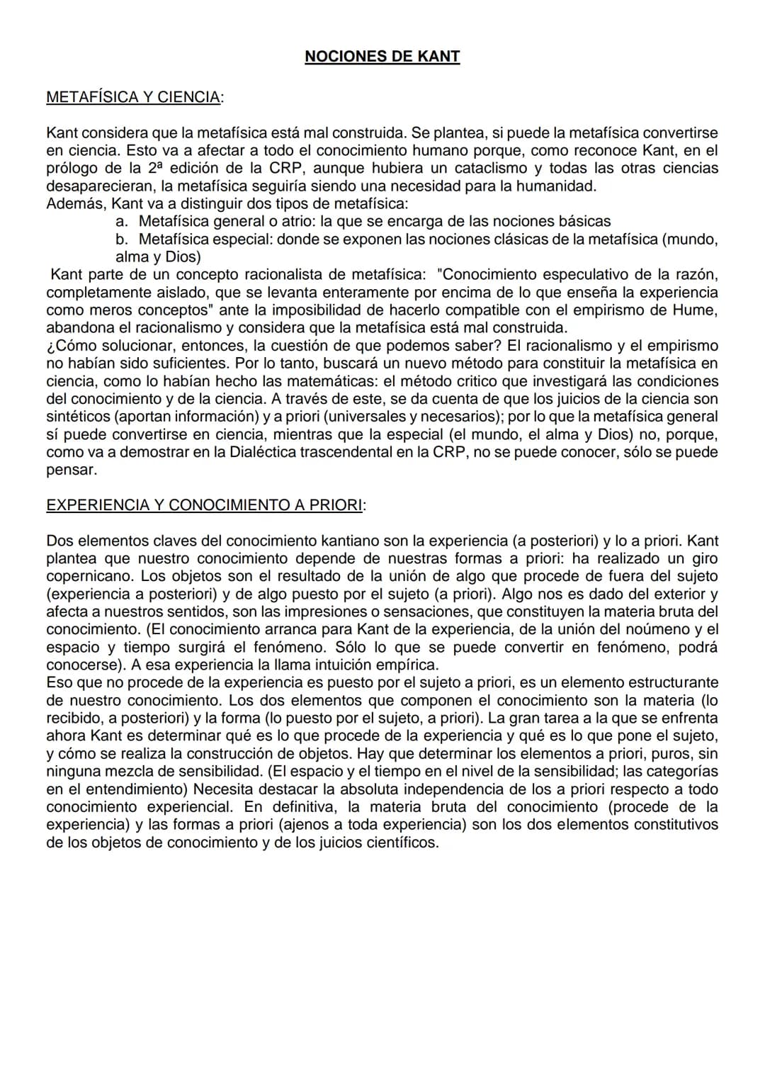 COMENTARIO KANT
A) El problema de la metafísica. “La metafísica, conocimiento especulativo...simples conceptos"
Kant, en este texto, en prim