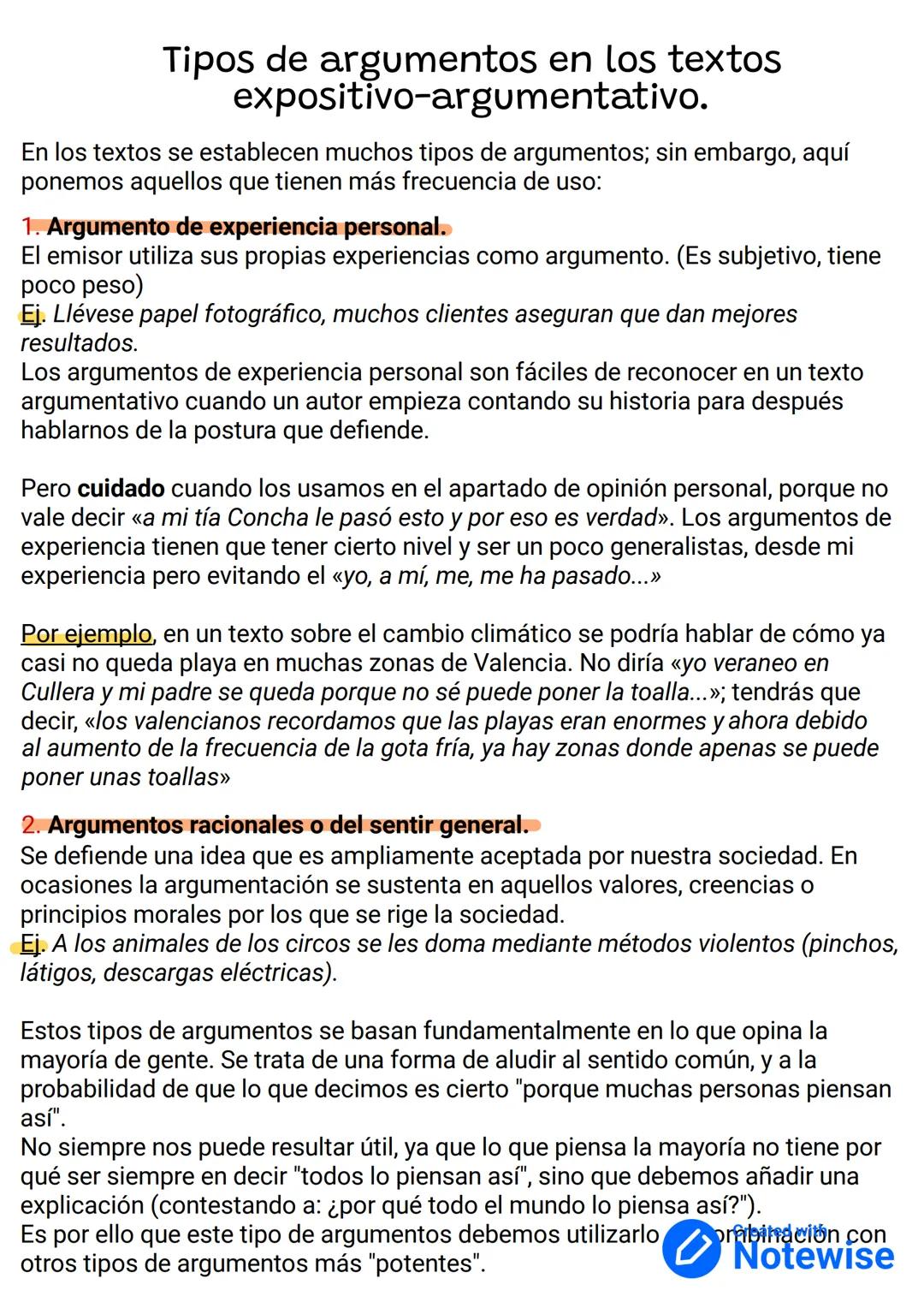 Tipos de argumentos en los textos
expositivo-argumentativo.
En los textos se establecen muchos tipos de argumentos; sin embargo, aquí
ponemo