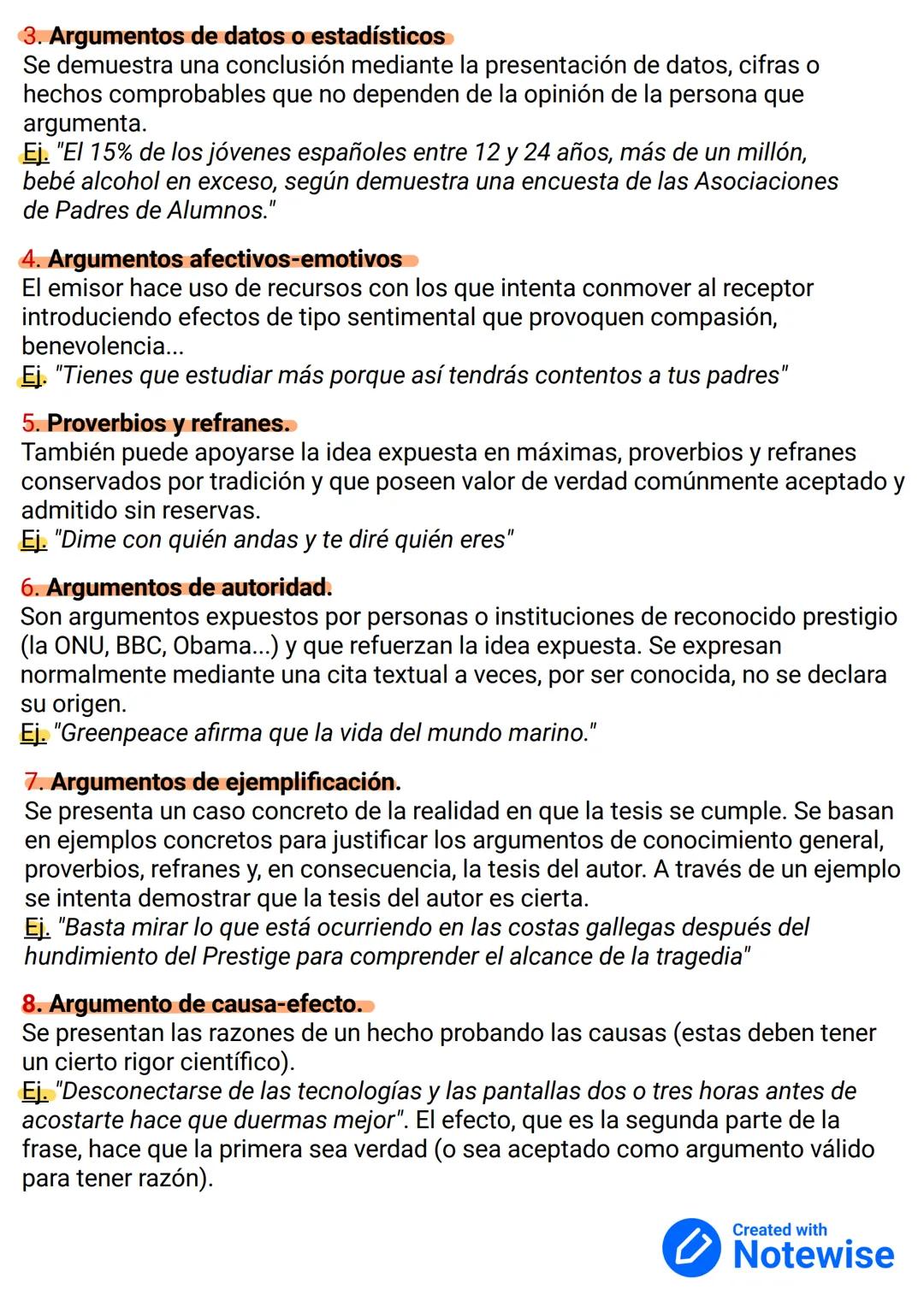 Tipos de argumentos en los textos
expositivo-argumentativo.
En los textos se establecen muchos tipos de argumentos; sin embargo, aquí
ponemo