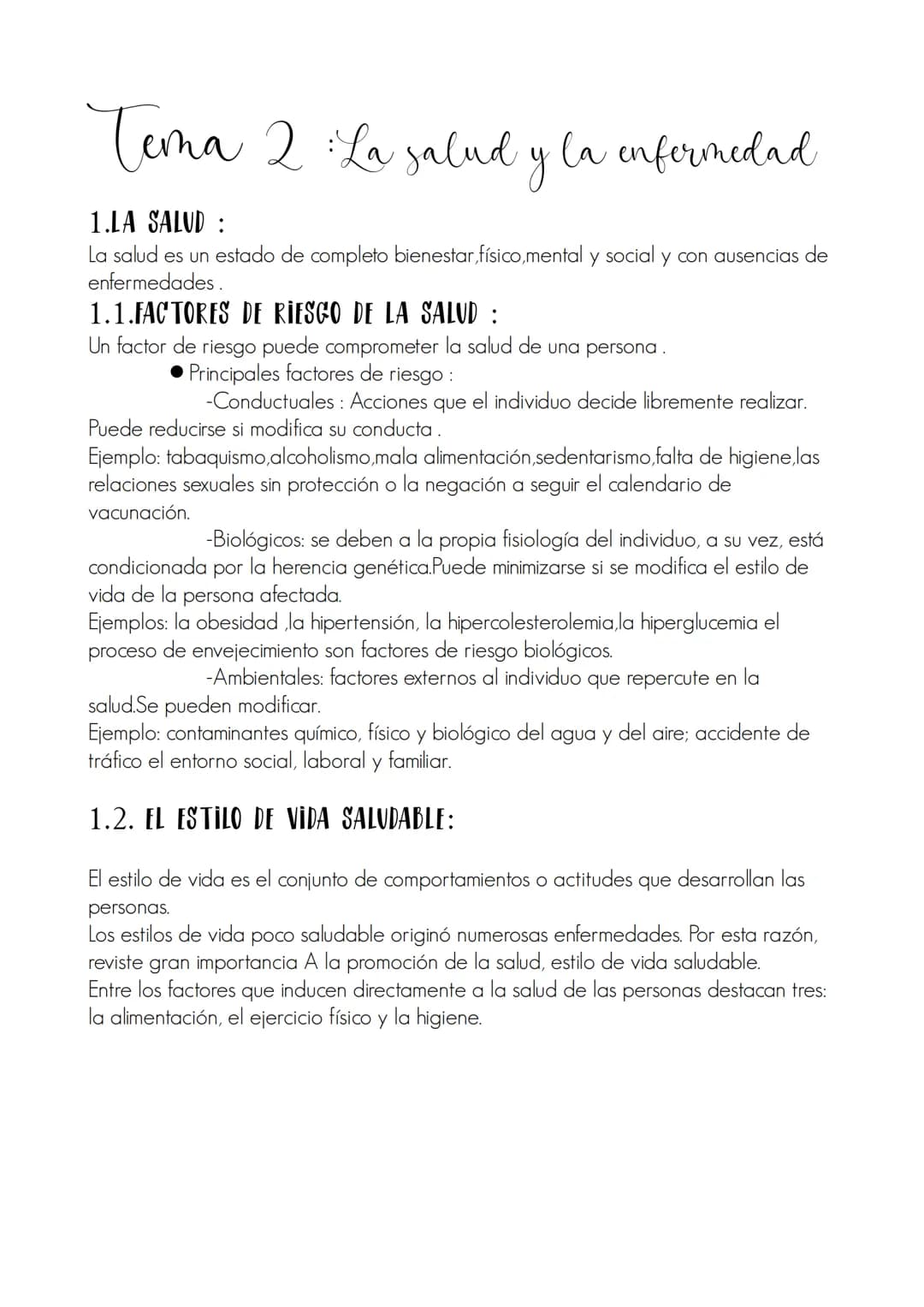Tema 2 : La salud y la enfermedad
1.LA SALUD :
La salud es un estado de completo bienestar físico,mental y social y con ausencias de
enferme