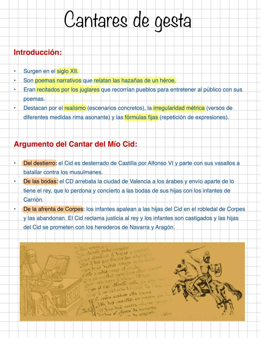 # Cantares de gesta

Introducción:

- Surgen en el siglo XII.
- Son poemas narrativos que relatan las hazañas de un héroe.
- Eran recitados 