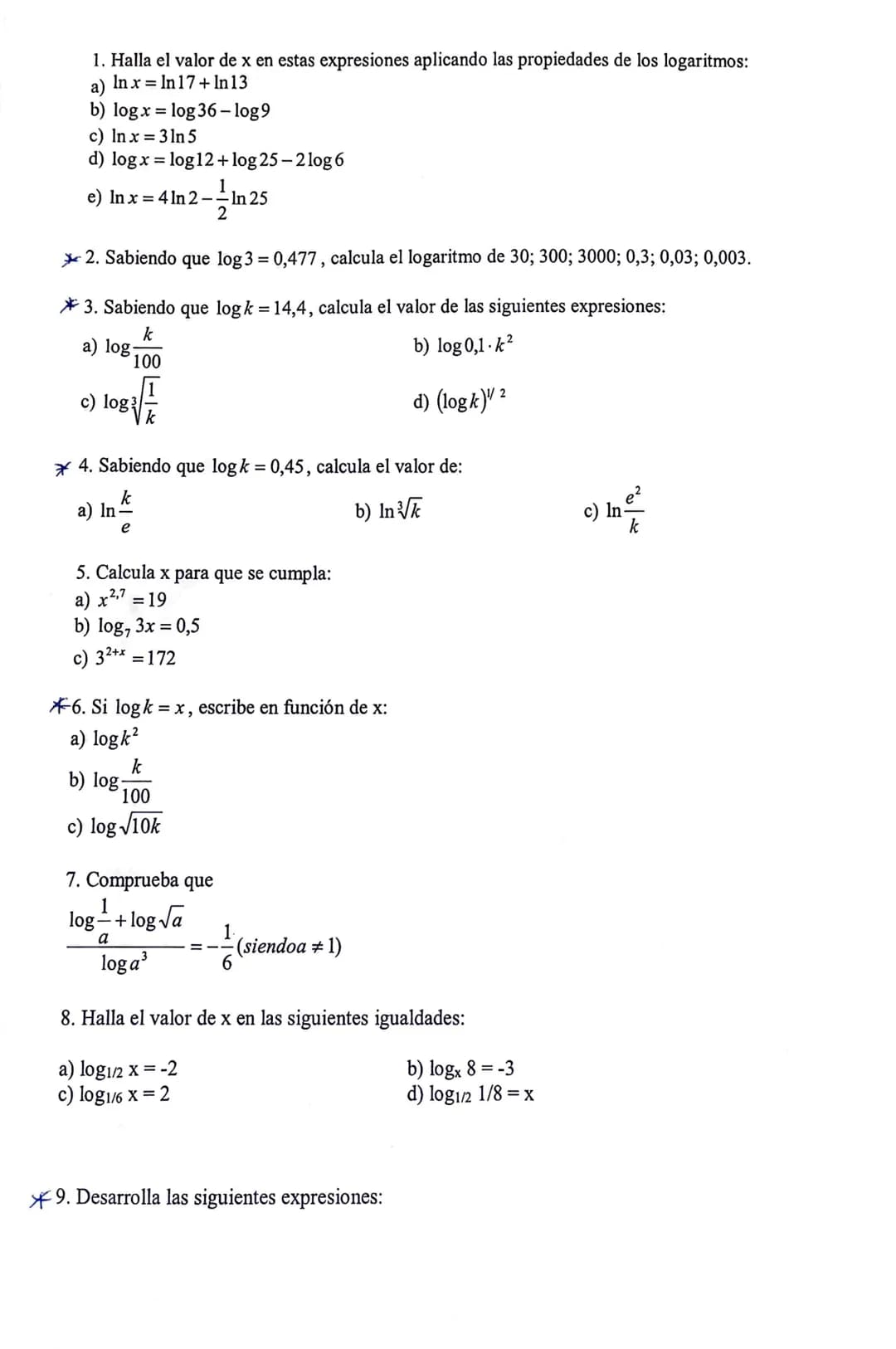 1. Calcula:
a) log, 1024
1
c) log₂
64
e) log, √3
2
g) log/₂ √2
b) log₂
1
2. Calcula, utilizando la definición de logaritmo:
1
a) log₂ 64+log
