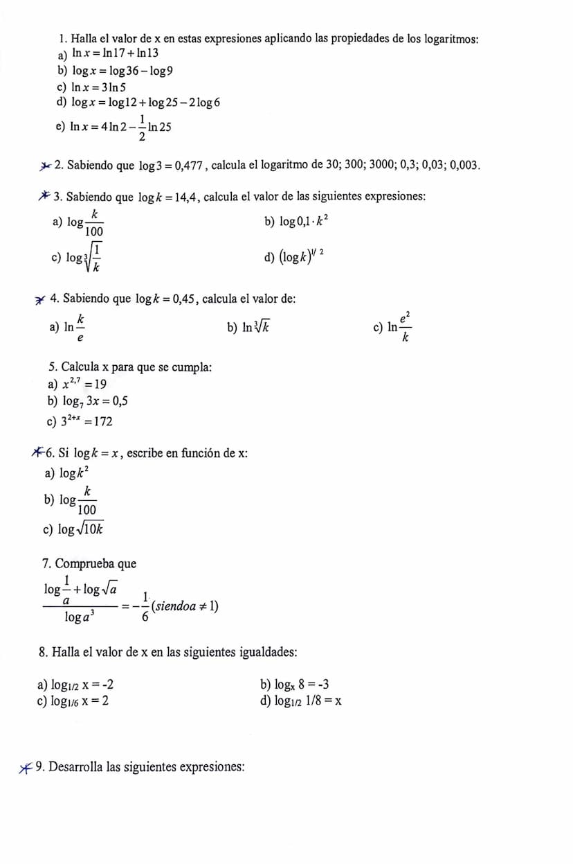 1. Calcula:
a) log, 1024
1
c) log₂
64
e) log, √3
2
g) log/₂ √2
b) log₂
1
2. Calcula, utilizando la definición de logaritmo:
1
a) log₂ 64+log