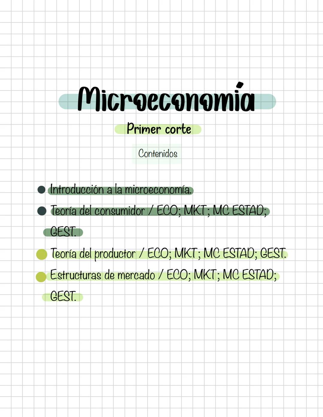  Microeconomia
Primer corte
Contenidos
Introducción a la microeconomía.
Teoría del consumidor / ECO; MKT; MC ESTAD;
GEST.
Teoría del product