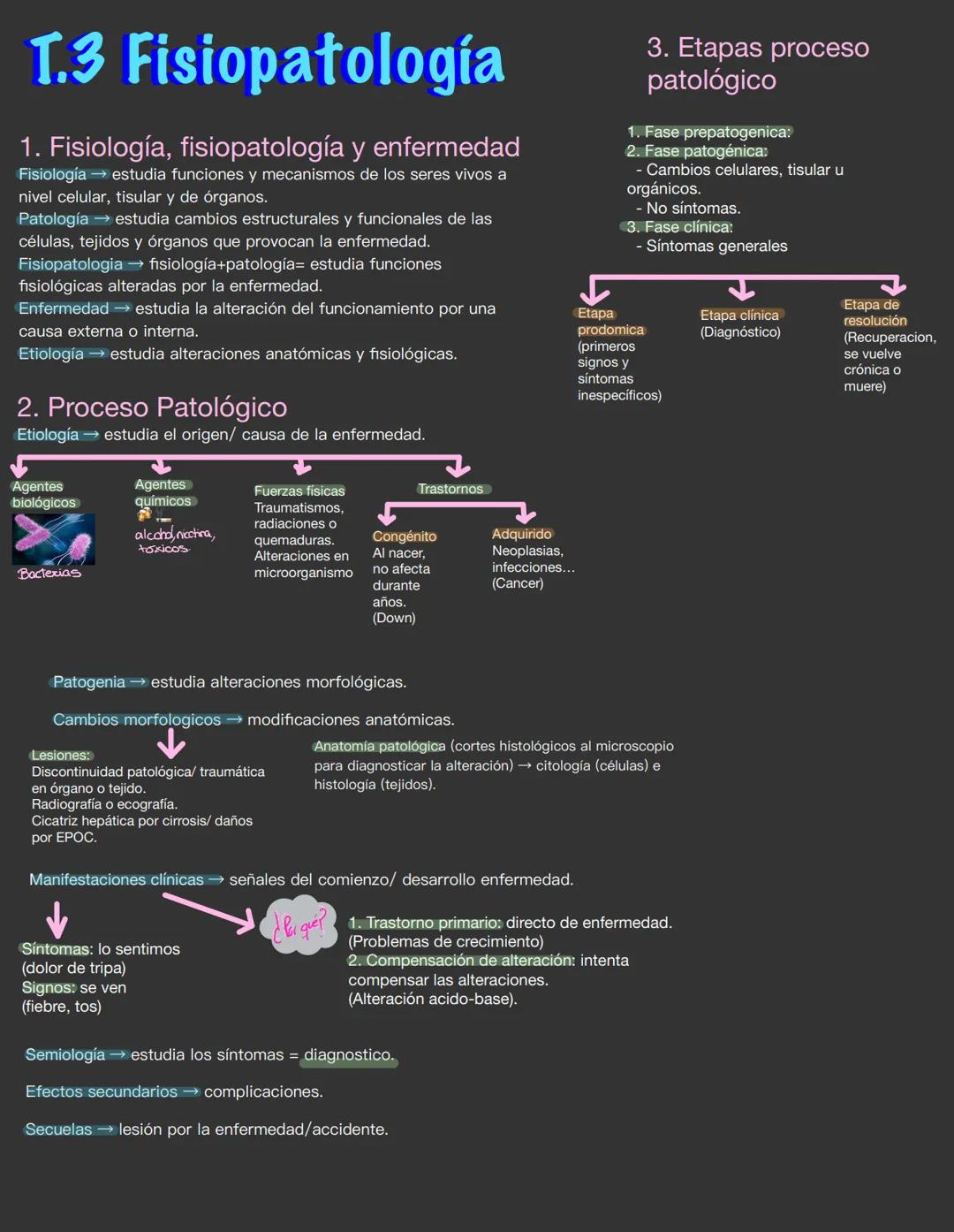 T.3 Fisiopatología
1. Fisiología, fisiopatología y enfermedad
Fisiología → estudia funciones y mecanismos de los seres vivos a
nivel celular