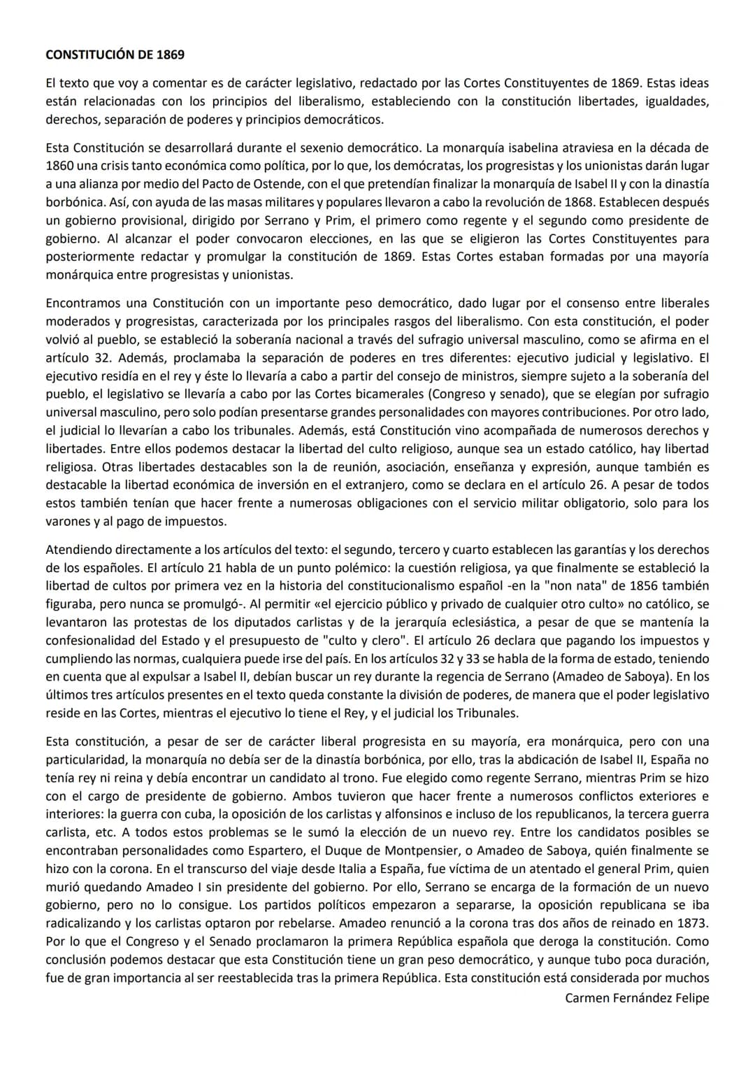 CONSTITUCIÓN 1869
La Nación Española y en su nombre las Cortes Constituyentes elegidas por sufragio
universal, deseando afianzar la justicia
