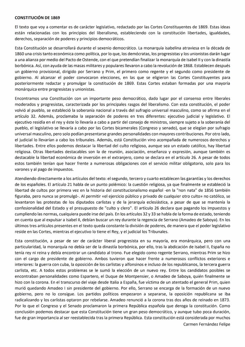 CONSTITUCIÓN 1869
La Nación Española y en su nombre las Cortes Constituyentes elegidas por sufragio
universal, deseando afianzar la justicia